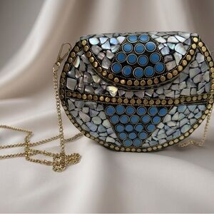 RAMLA Mosaic Moroccan Pearl/Turquoise Gold Crossbody with Gold Chain Handmade